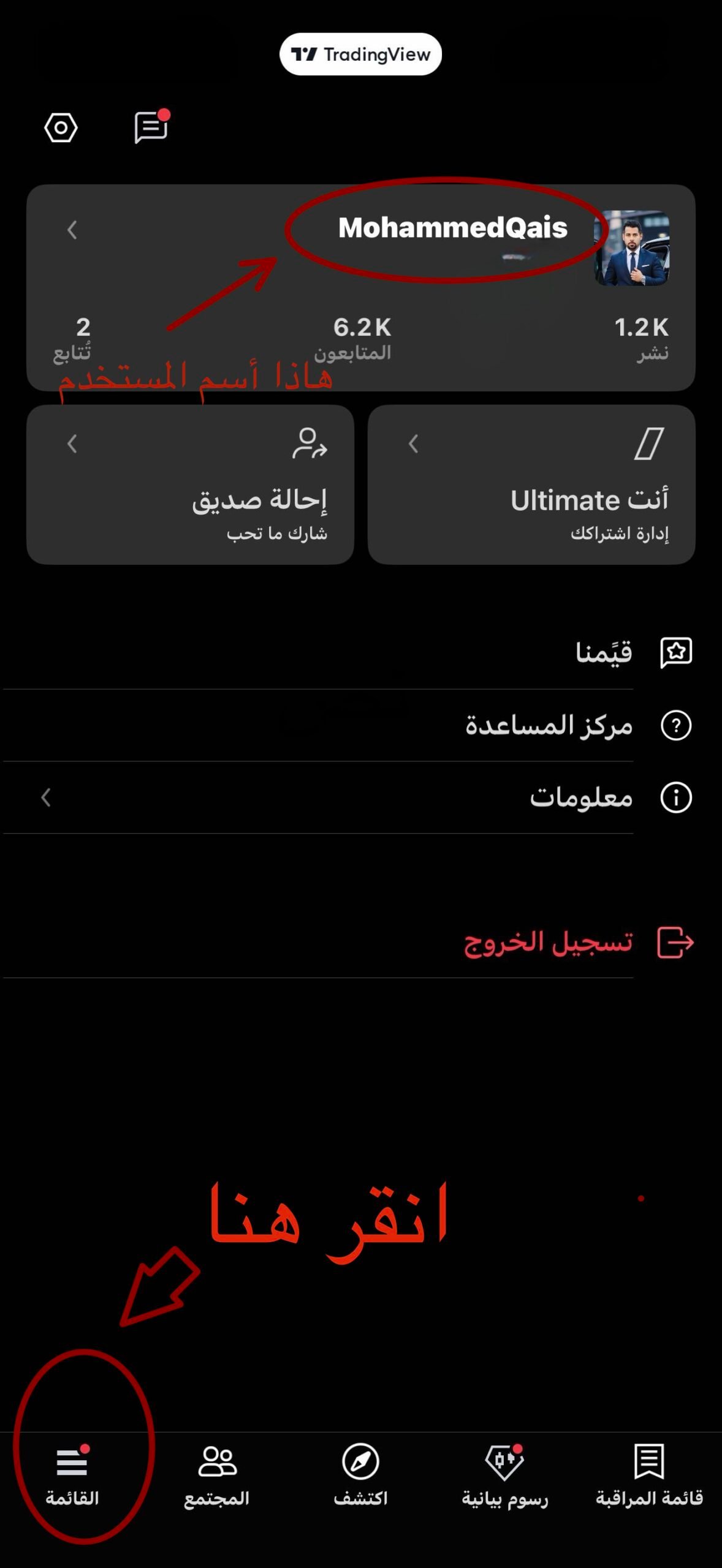 مكان اسم المستخدم في TradingView