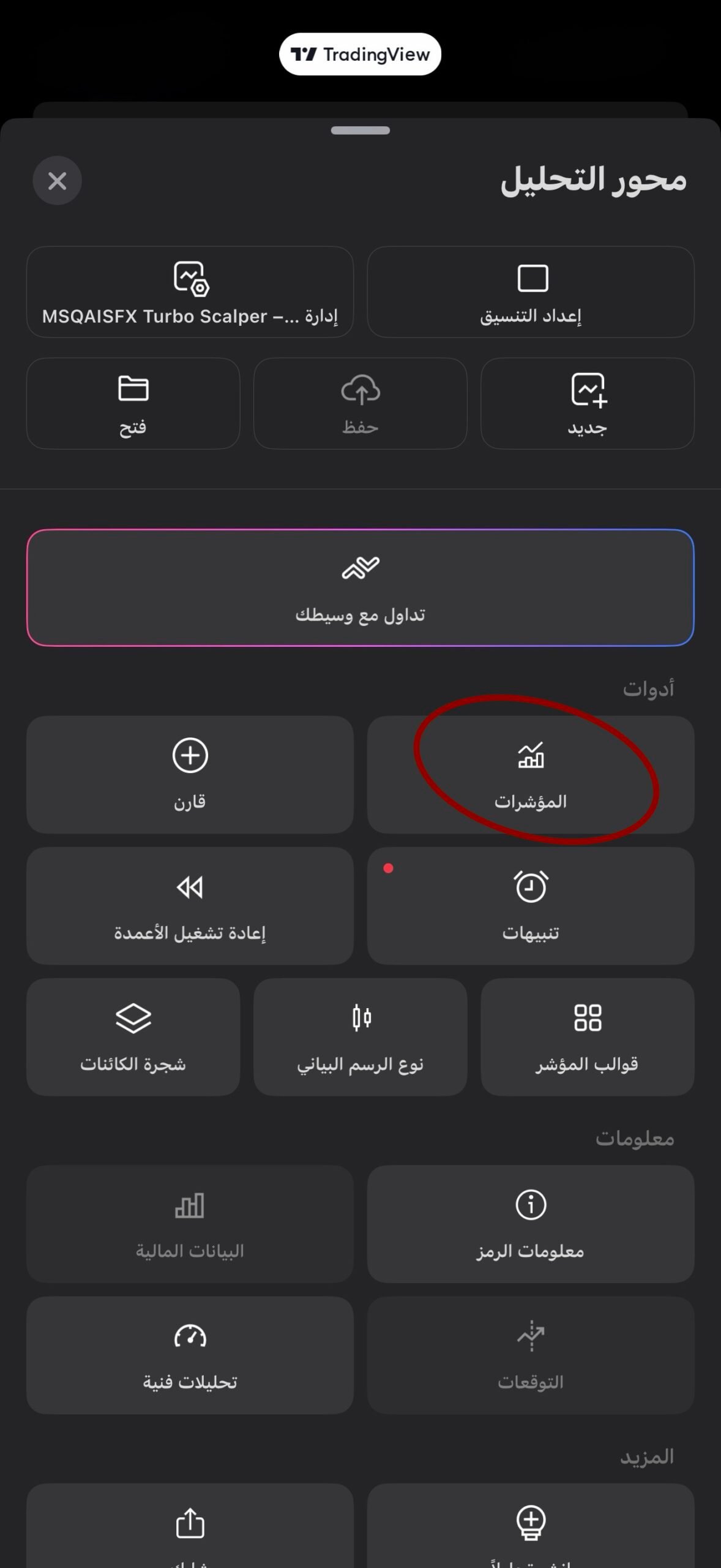 زر المؤشرات Indicators